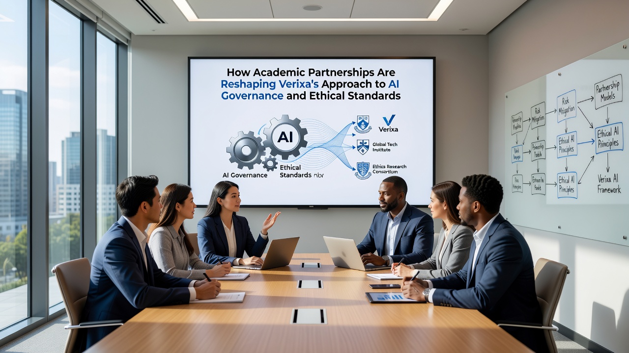 Verixa team reviewing AI ethical standards documentation alongside university partners