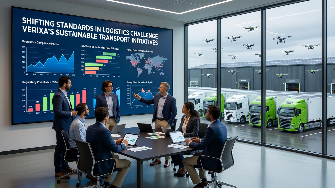 Sustainable logistics planning meeting with digital route maps and emission tracking tools